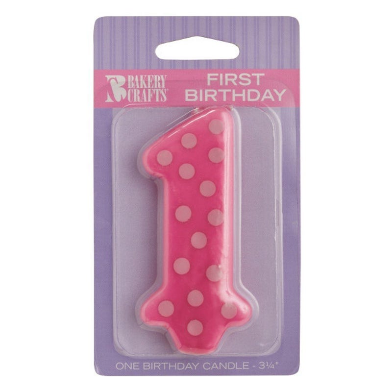 Oasis Supply Girl Polka Dot No. 1 Birthday Party Wax Candle for Cake Decorations, 3.25â€ Tall, Pink & White